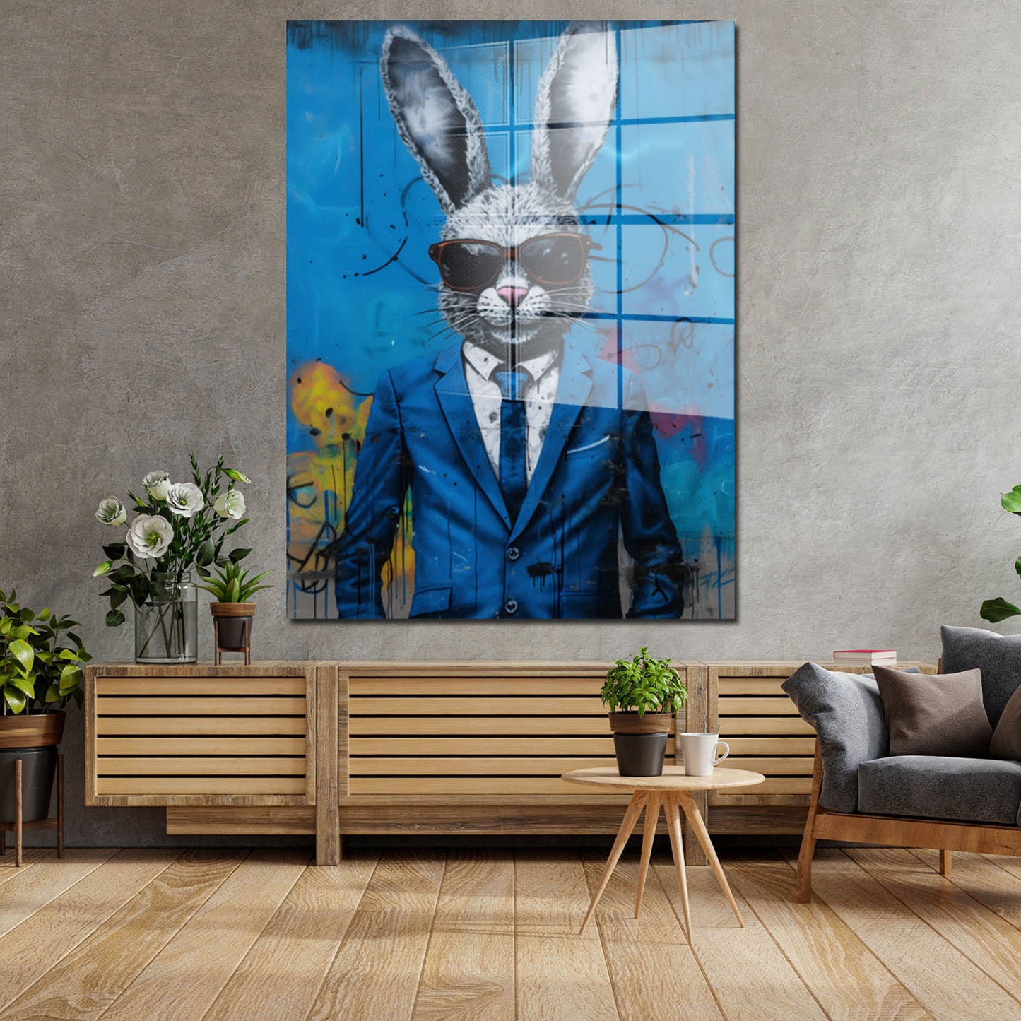 Abstrakt Hase im Anzug Acrylglasbild Wandbild Bild Pop Art Wanddeko Wohnzimmer XL