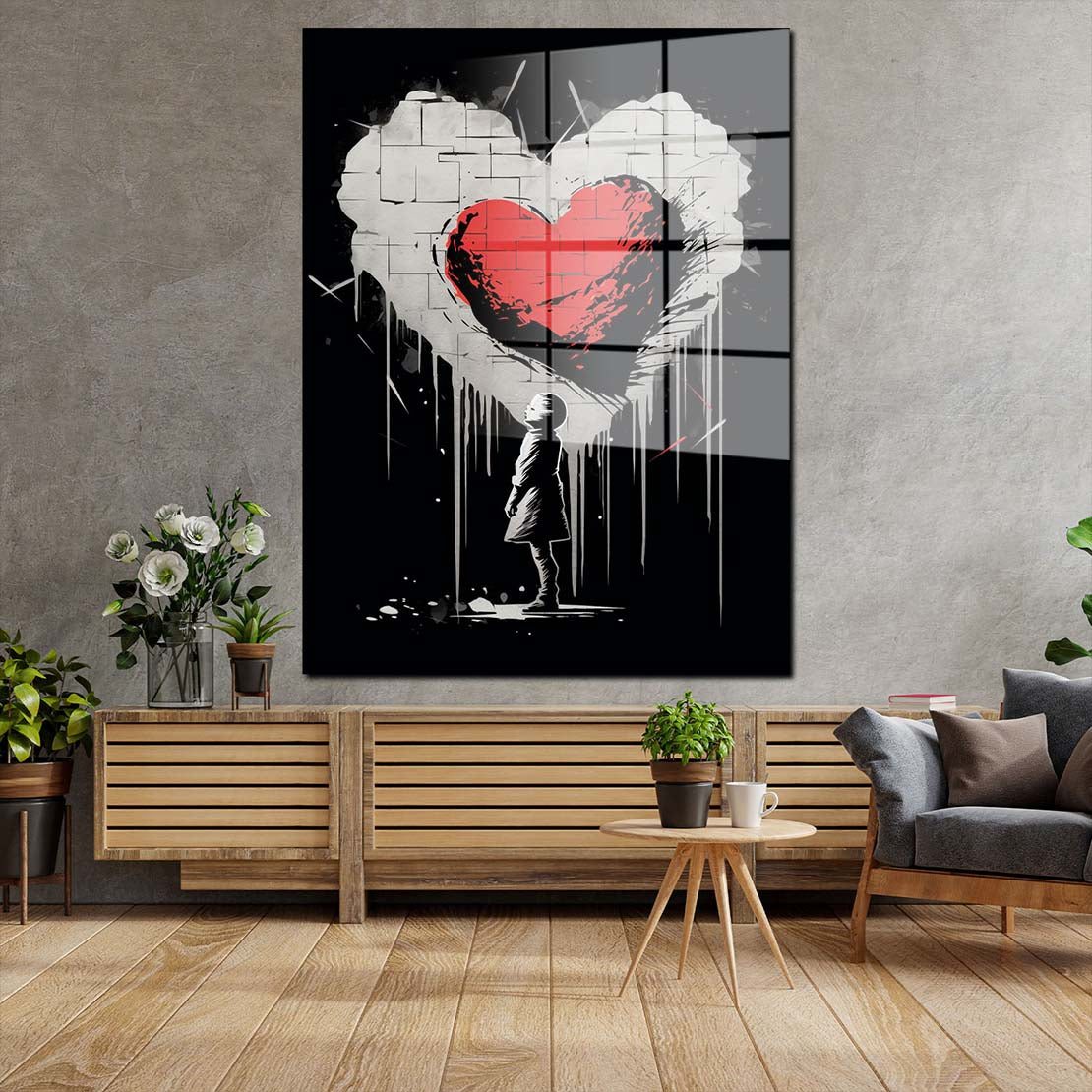 Abstrakt kleines Mädchen Herz Acrylglasbild Wandbild Bild Wanddeko XL schwarz weiß