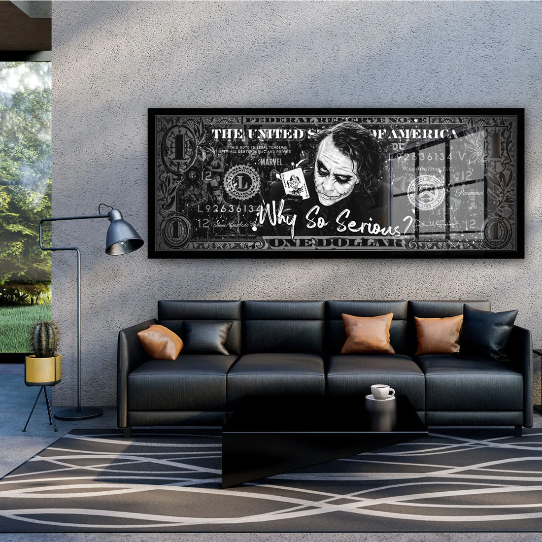 Joker Acrylglas Wandbild Dollar Pop Art Bild Wanddeko Wohnzimmer schwarz weiss