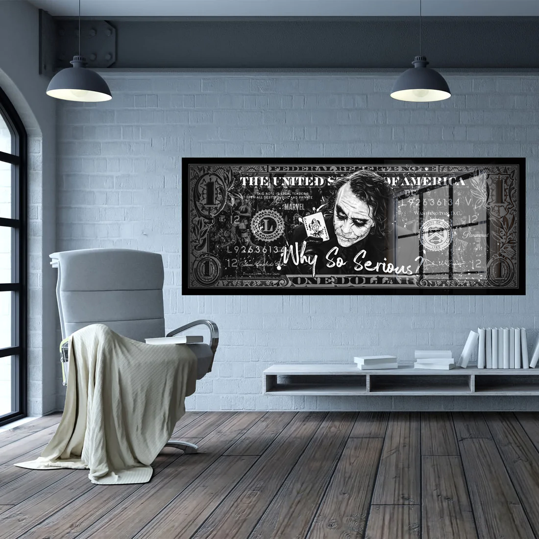 Joker Acrylglas Wandbild Dollar Pop Art Bild Wanddeko Wohnzimmer schwarz weiss