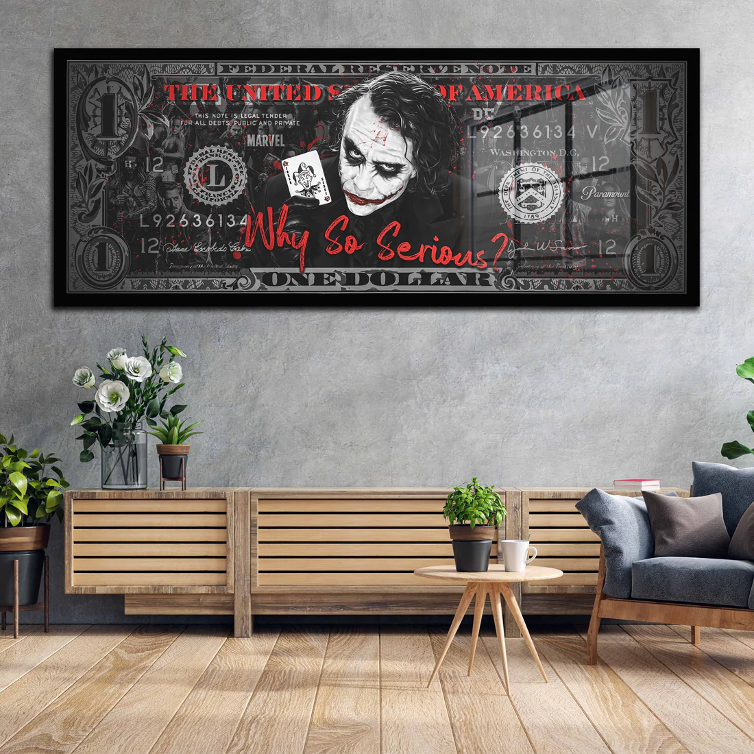 Joker Dollar Zitat Acrylglasbild Wandbild Bild Wanddeko Wohnzimmer XL Pop Art Comic