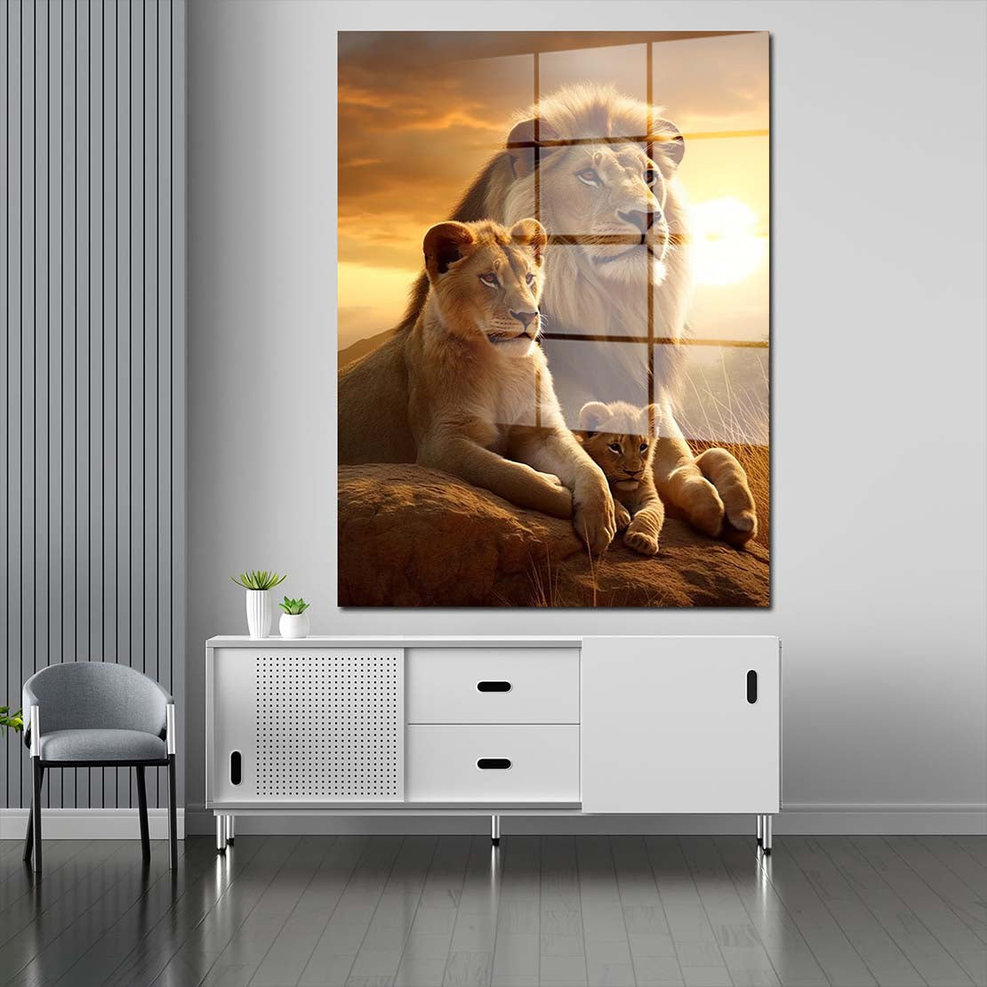 Afrika Sonnenuntergang Löwen-Familie Acrylglasbild Wandbild Bild Wanddeko XL