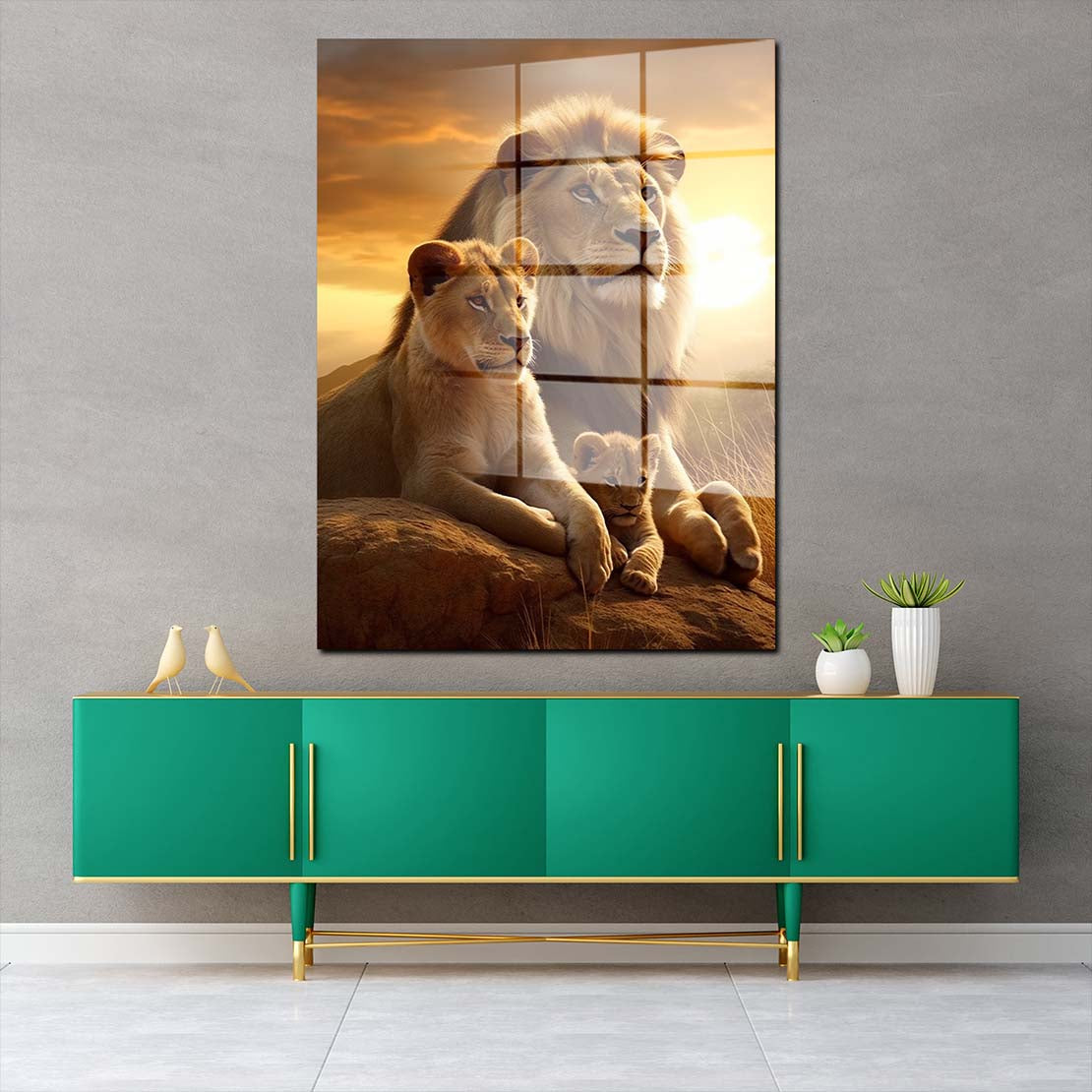 Afrika Sonnenuntergang Löwen-Familie Acrylglasbild Wandbild Bild Wanddeko XL