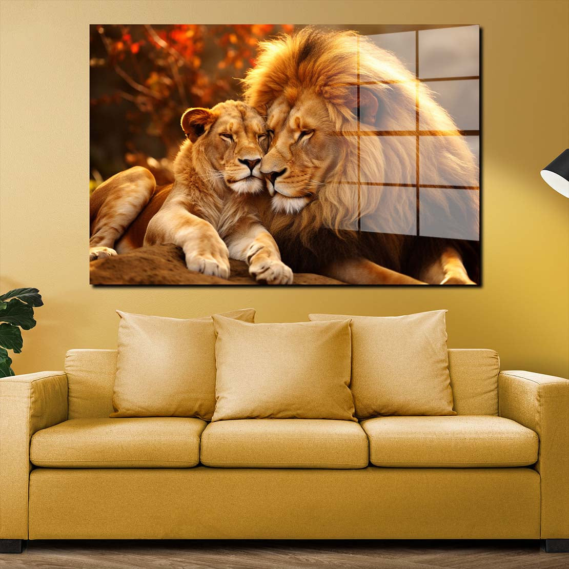Afrika Sonnenuntergang Löwenpaar Acrylglasbild Wandbild Bild Wanddeko XL