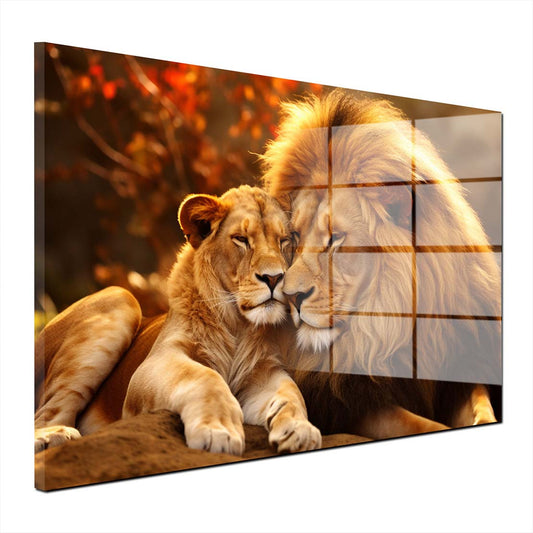 Afrika Sonnenuntergang Löwenpaar Acrylglasbild Wandbild Bild Wanddeko XL