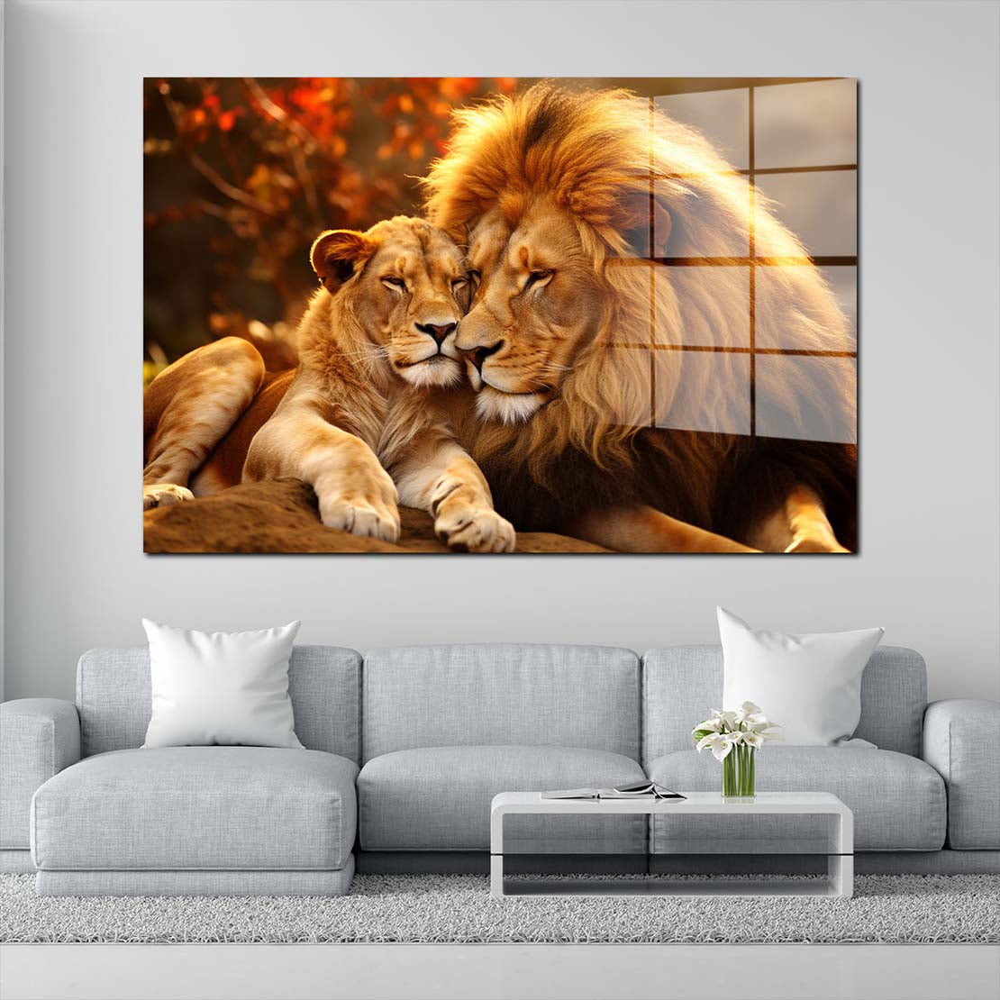 Afrika Sonnenuntergang Löwenpaar Acrylglasbild Wandbild Bild Wanddeko XL