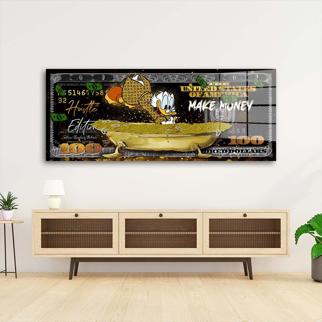 Dagobert Gold Tube 100 Dollar Acrylglasbild Wandbild Bild Wanddeko XL