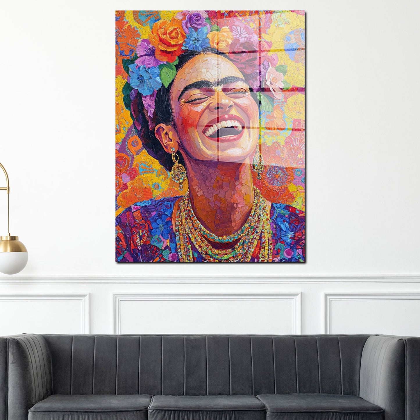 Frida mit Blumen Pop Art Acrylglasbild Wandbild Bild Wanddeko Wohnzimmer XL
