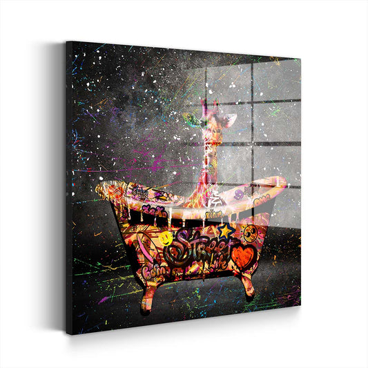 Giraffe in Badewanne Graffiti Acrylglasbild Wandbild Bild Wanddeko XL Pop Art