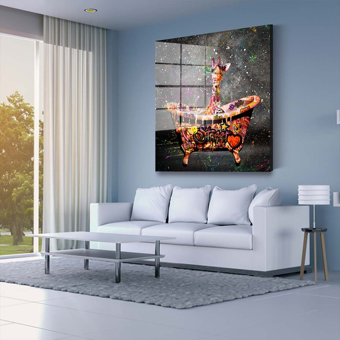 Giraffe in Badewanne Graffiti Acrylglasbild Wandbild Bild Wanddeko XL Pop Art
