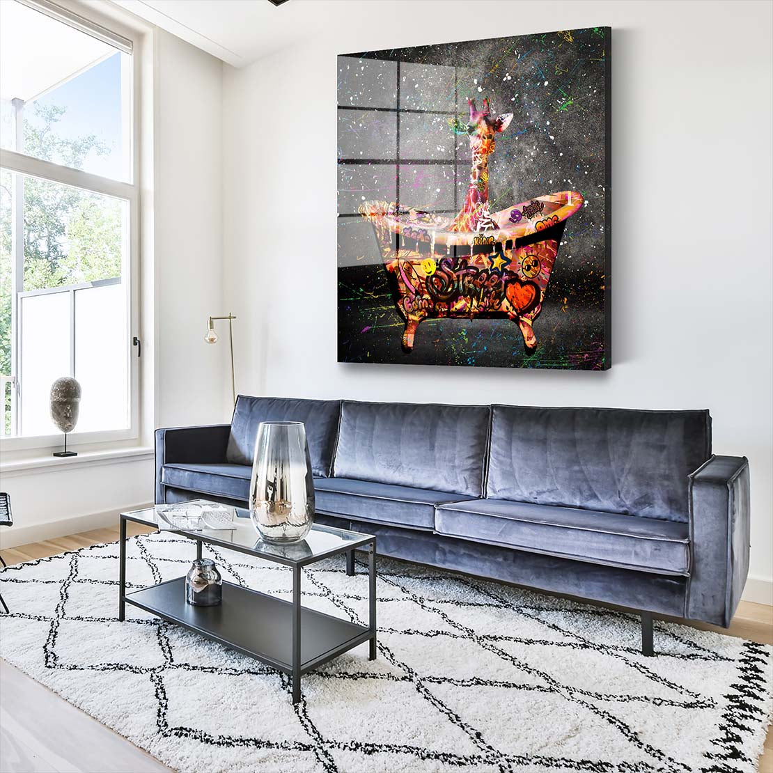 Giraffe in Badewanne Graffiti Acrylglasbild Wandbild Bild Wanddeko XL Pop Art