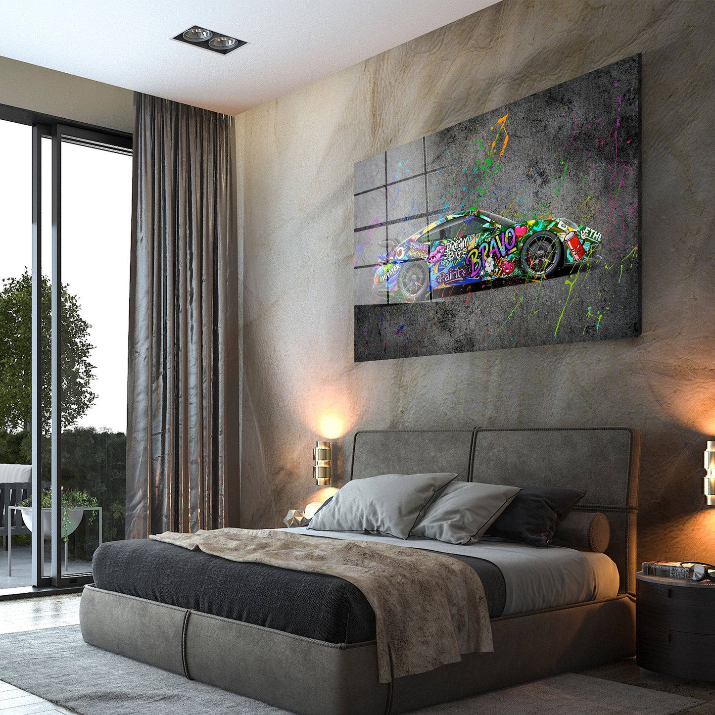 Graffiti Street Art Porsche Sportwagen Acrylglasbild Wandbild Bild Wanddeko XL