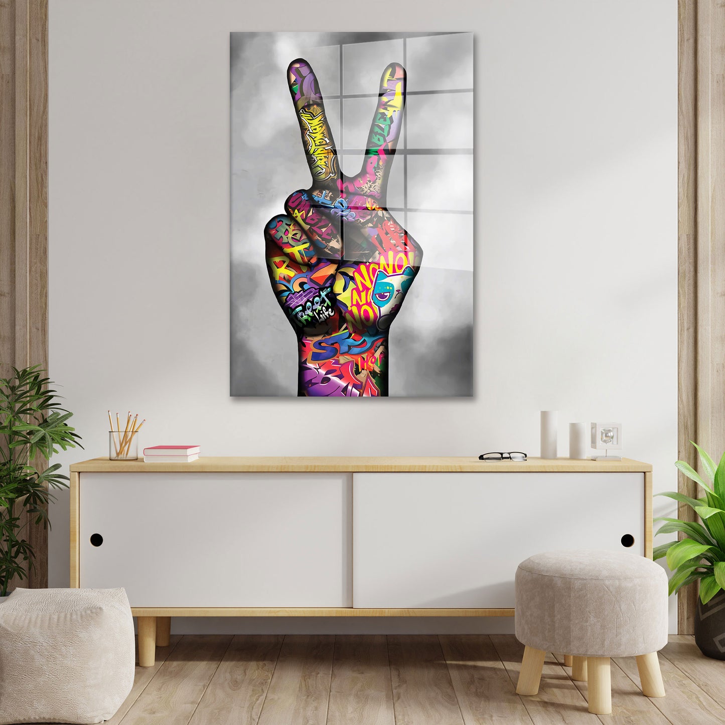 Hand Pop Art Peace Acrylglasbild Wandbild Bild Wanddeko Wohnzimmer XL