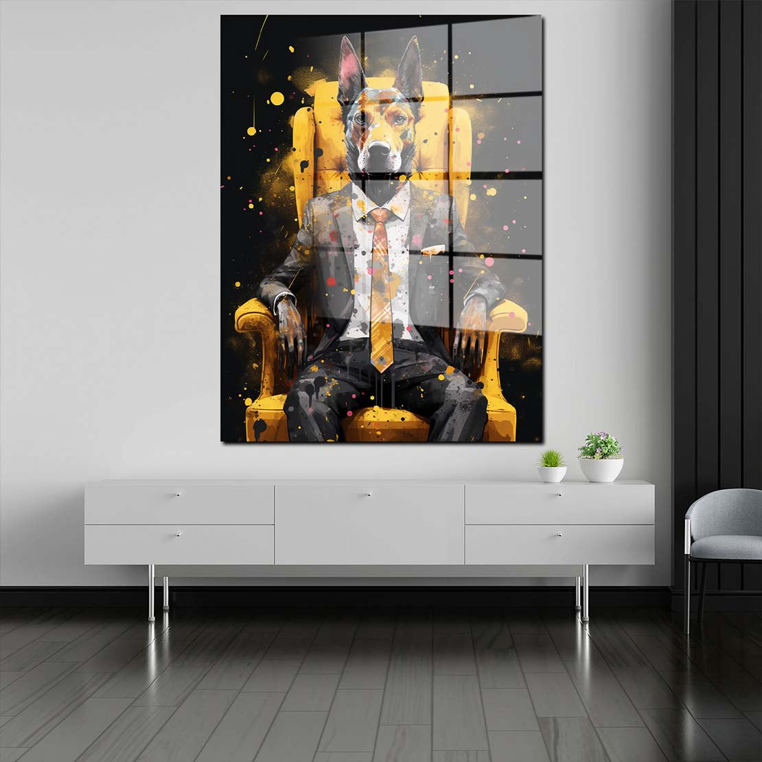 Hund im Anzug sitzend Acrylglasbild Wandbild Bild Wanddeko Wohnzimmer XL
