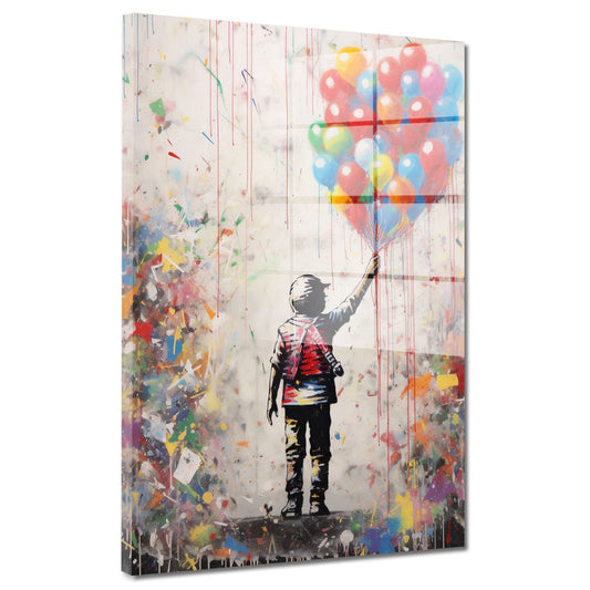 Junge mit bunten Luftballons Acrylglasbild Wandbild Bild Wanddeko XL