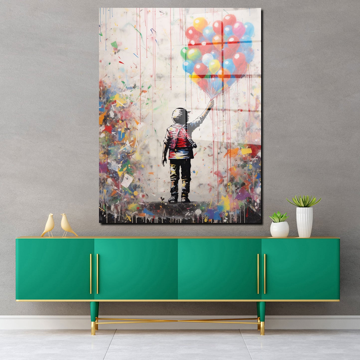 Junge mit bunten Luftballons Acrylglasbild Wandbild Bild Wanddeko XL