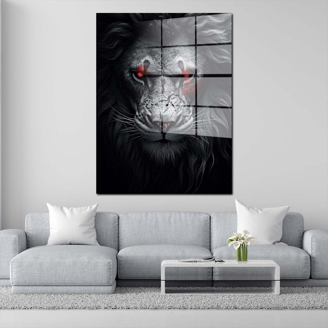Löwenkopf abstrakt rote Augen Acrylglasbild Wandbild Bild Wanddeko Wohnzimmer XL