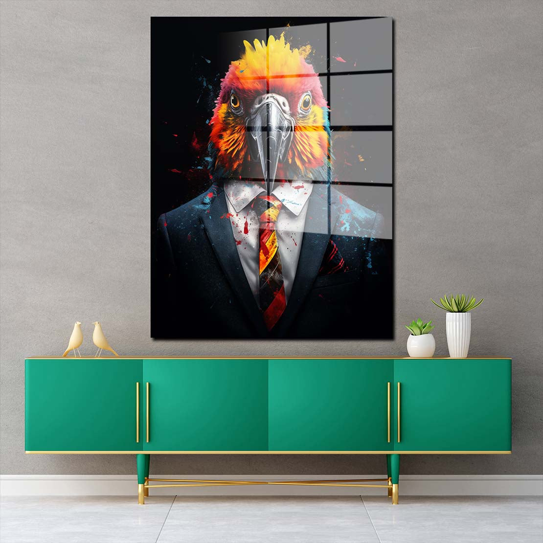 Papagei im blauen Anzug Pop Art Acrylglasbild Wandbild Bild Wanddeko XL