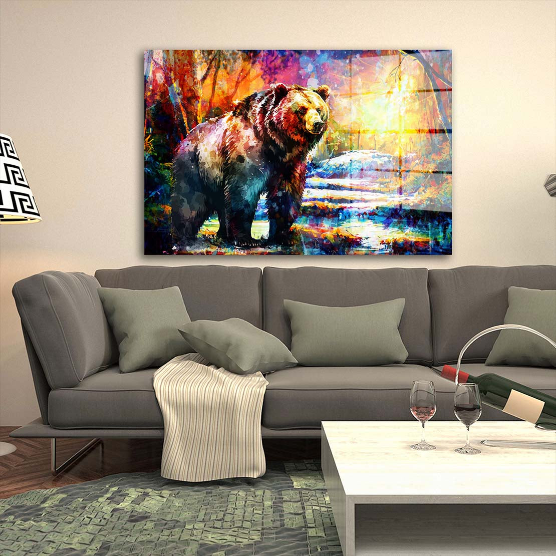 Pop Art Bär im Wald Acrylglasbild Wandbild Bild Wanddeko Wohnzimmer XL