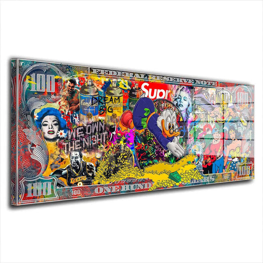 Pop Art Duck Dollar Stars, We own the Night Acrylglasbild Wandbild Bild Wanddeko XL