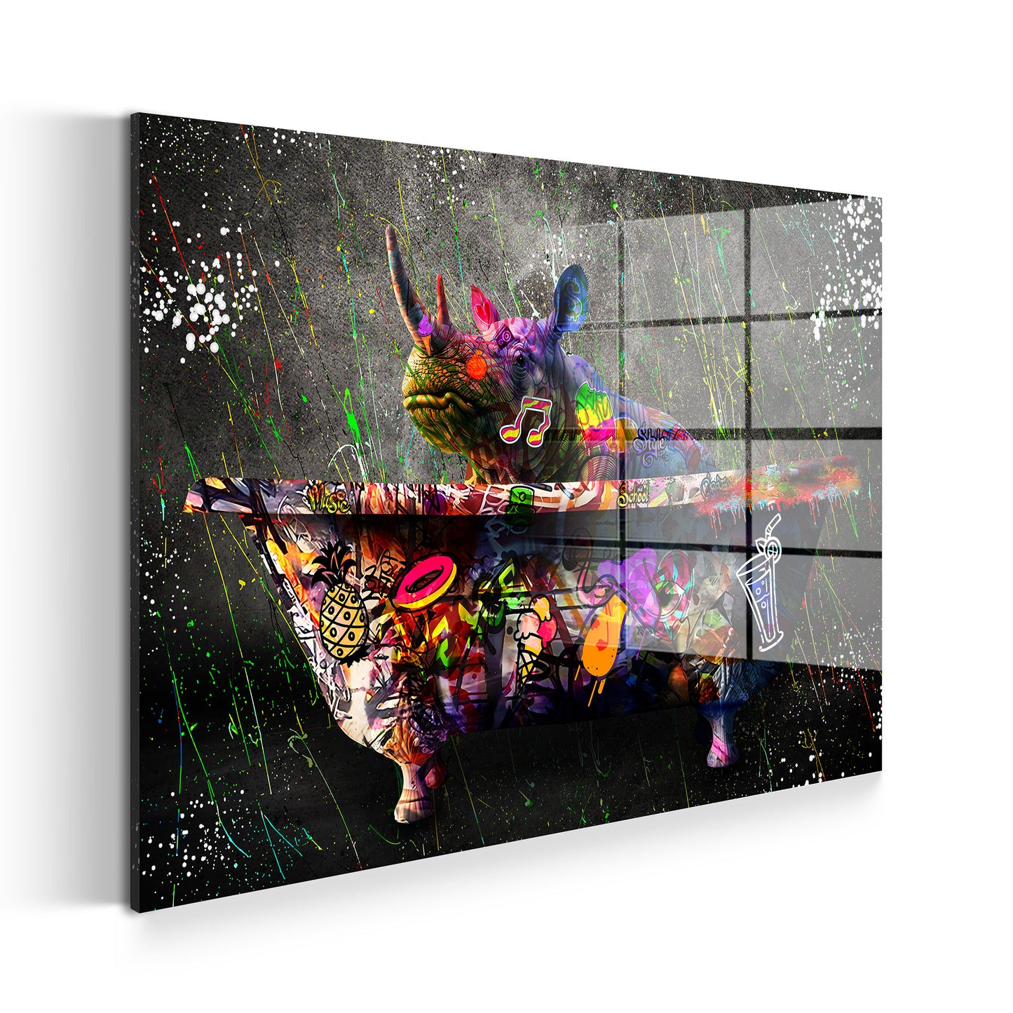 Rhinozeros in Badewanne Graffiti Acrylglasbild Wandbild Bild Wanddeko XL