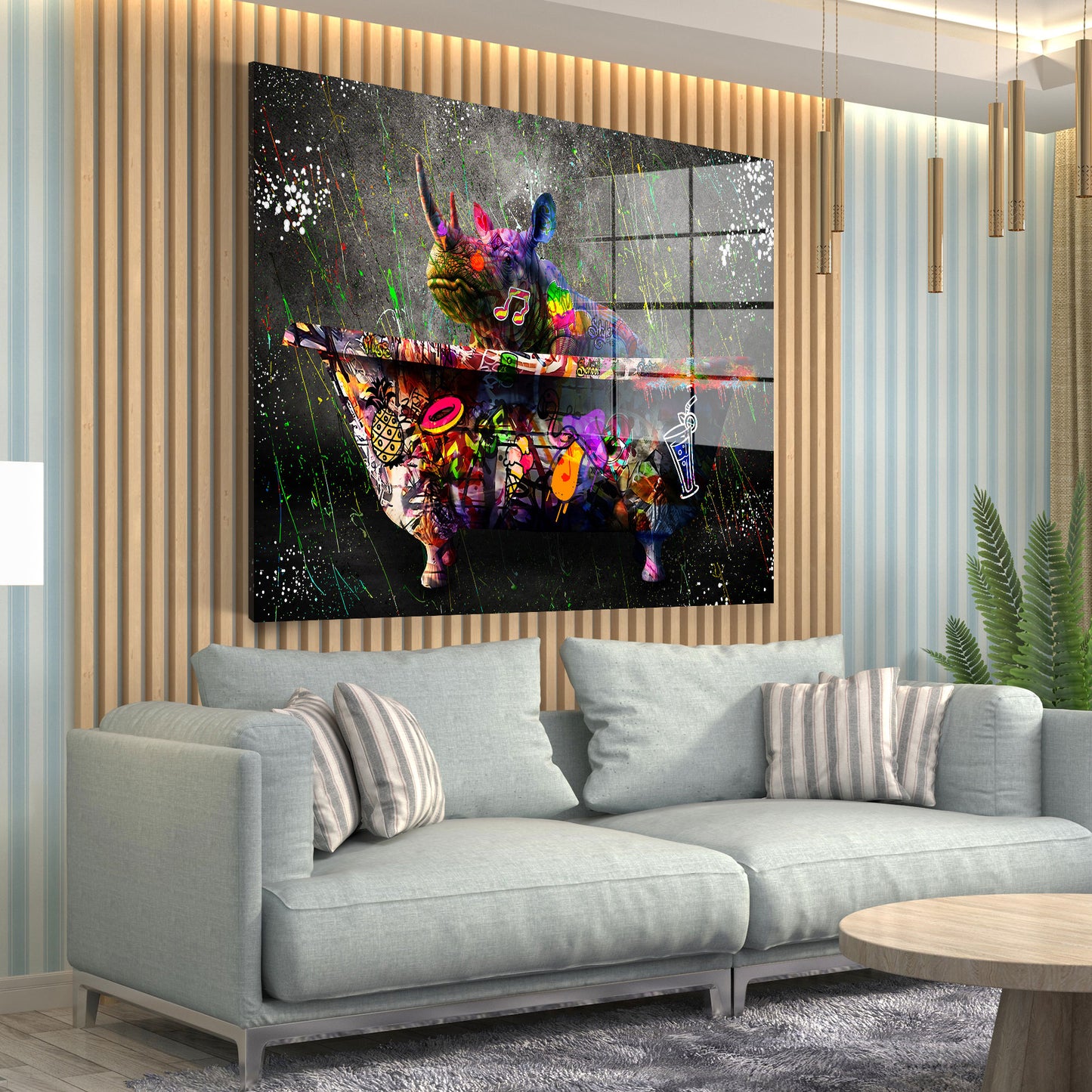 Rhinozeros in Badewanne Graffiti Acrylglasbild Wandbild Bild Wanddeko XL