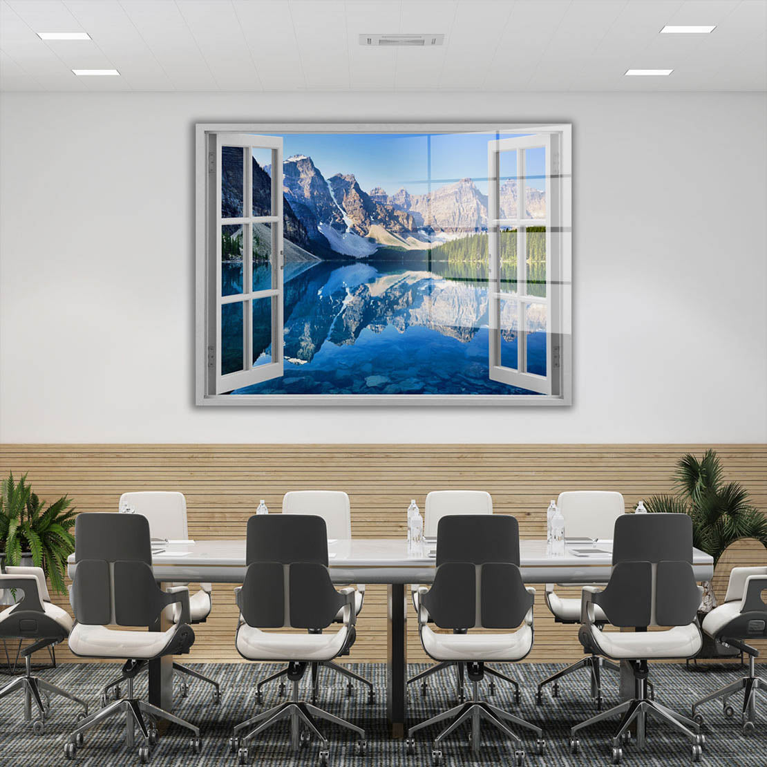 Fensterblick auf Bergsee und Alpen Acrylglasbild Wandbild Bild Wanddeko Wohnzimmer XL