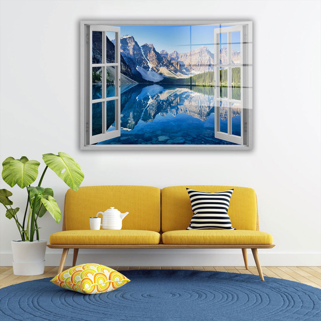 Fensterblick auf Bergsee und Alpen Acrylglasbild Wandbild Bild Wanddeko Wohnzimmer XL