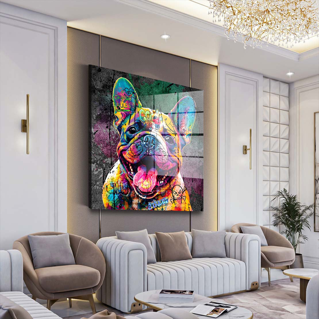 Französische Bulldogge Graffiti Street Art Hund Acrylglasbild Wandbild Bild Wanddeko XL
