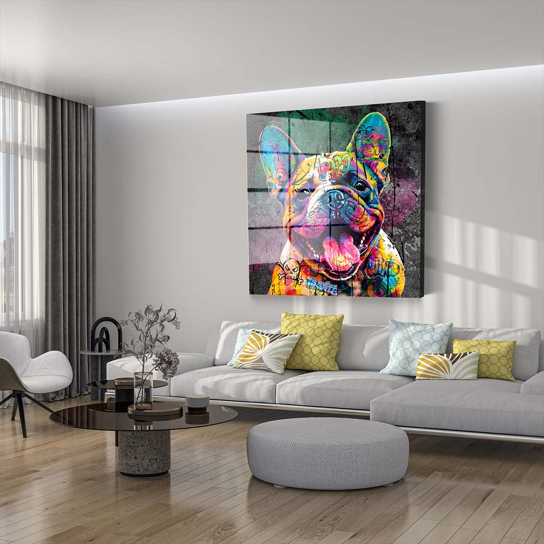 Französische Bulldogge Graffiti Street Art Hund Acrylglasbild Wandbild Bild Wanddeko XL