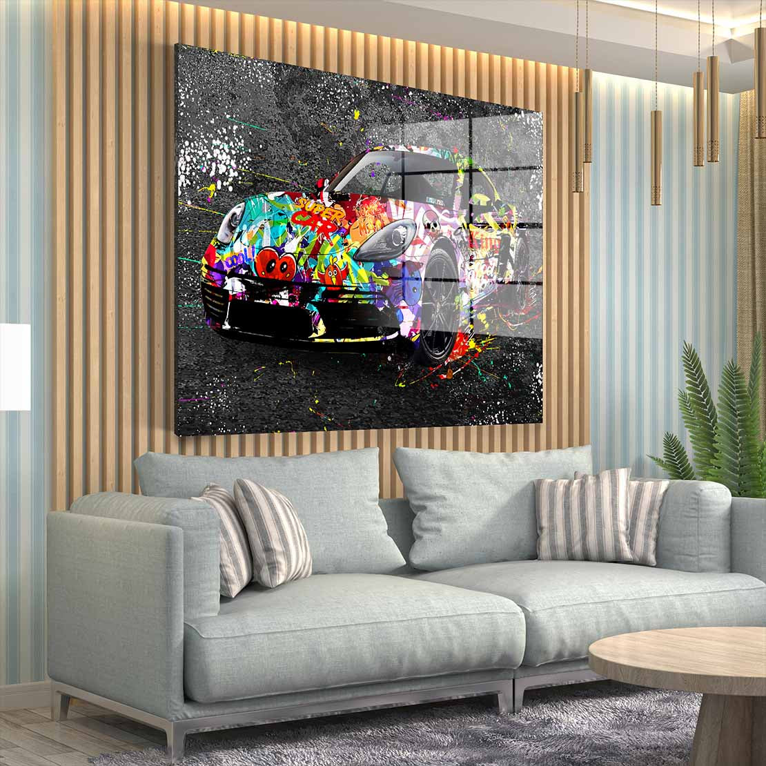 Graffiti Porsche Street Art Style Acrylglasbild Wandbild Bild Wanddeko Wohnzimmer XL