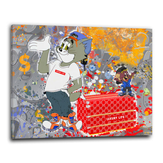Comic Cat Luxury Life Pop Art Style Leinwandbild Wandbild Kunstdruck XL Wanddeko