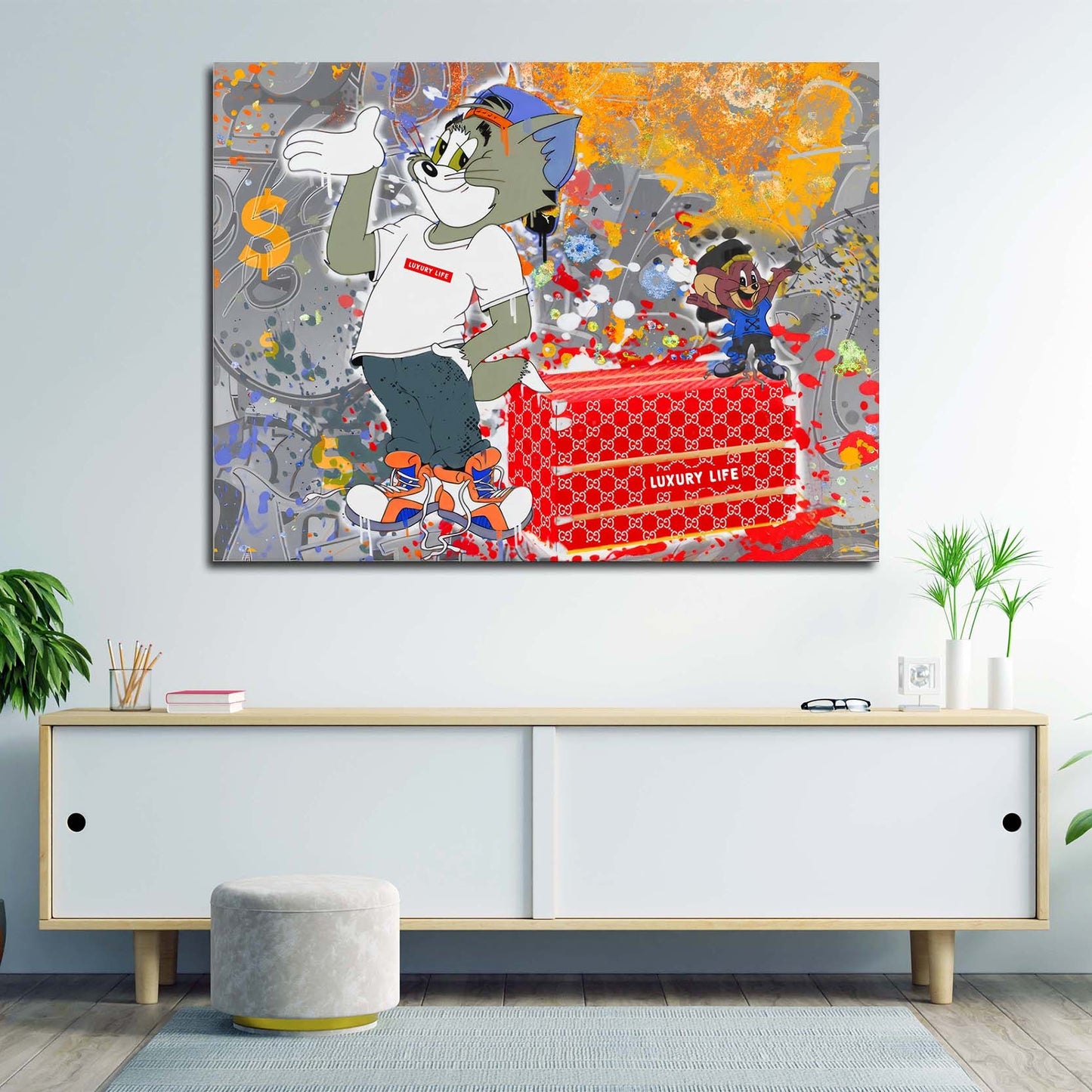 Comic Cat Luxury Life Pop Art Style Leinwandbild Wandbild Kunstdruck XL Wanddeko
