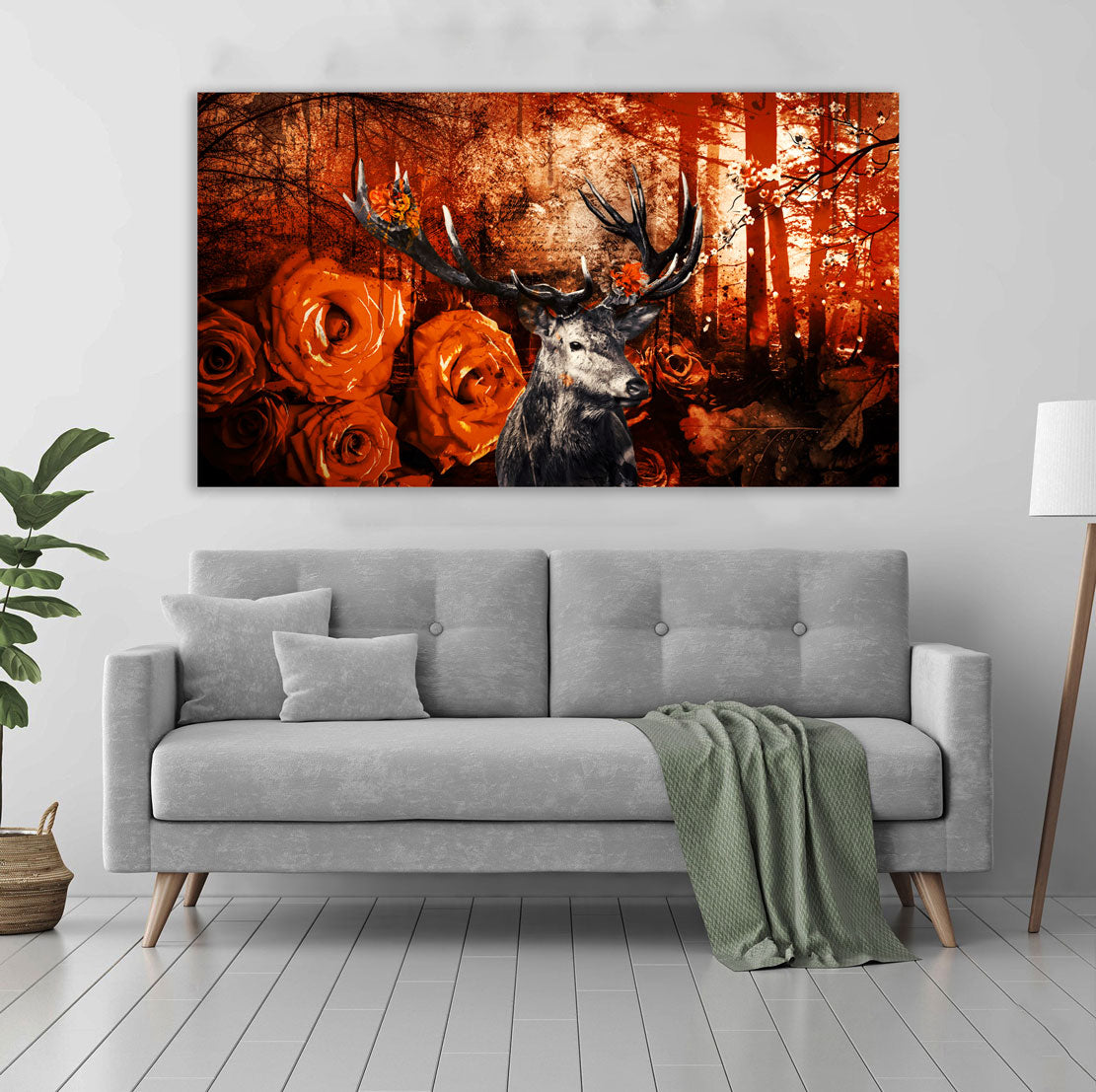 Hirsch Orange Style abstrakt Leinwandbild Wandbild Kunstdruck XL Wanddeko