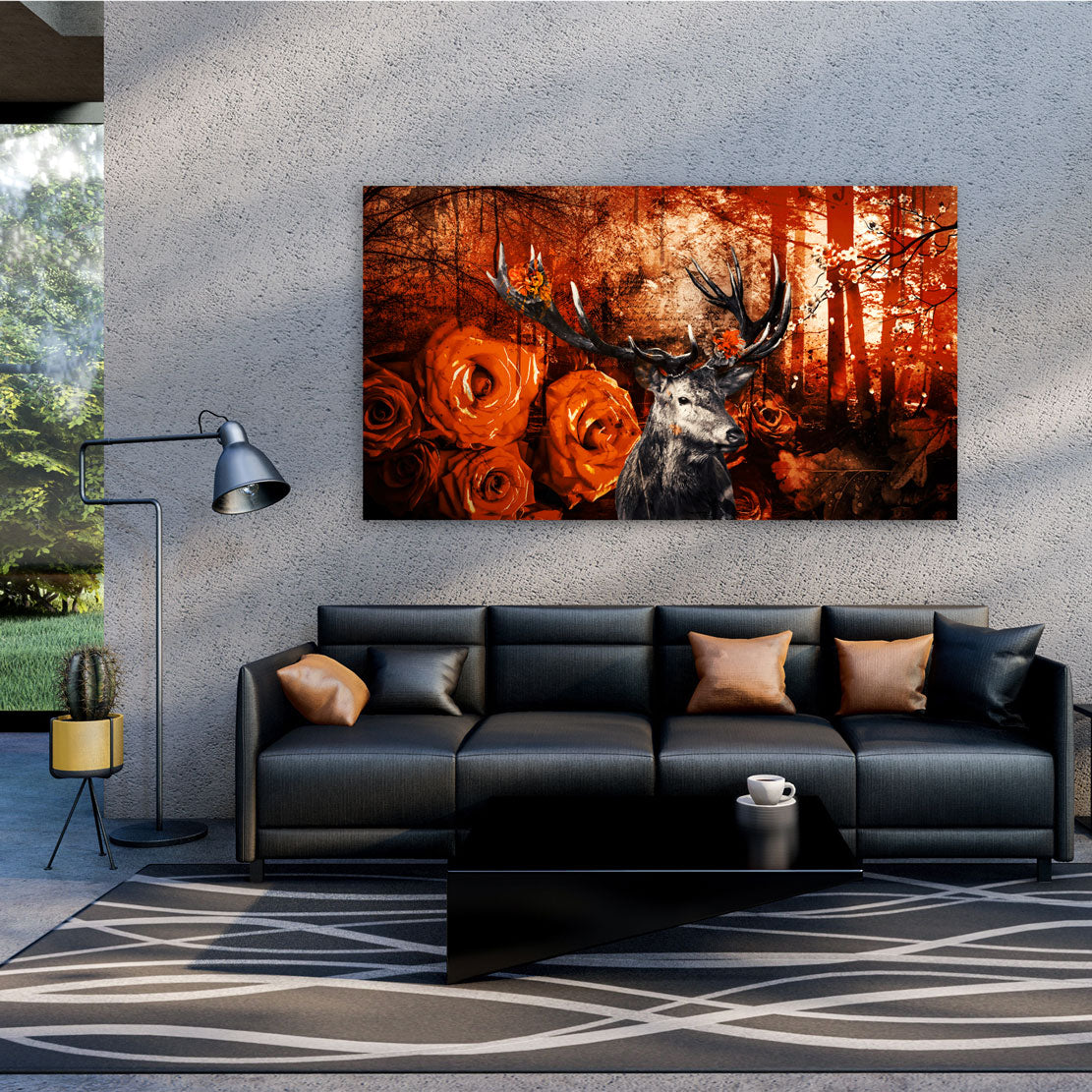 Hirsch Orange Style abstrakt Leinwandbild Wandbild Kunstdruck XL Wanddeko