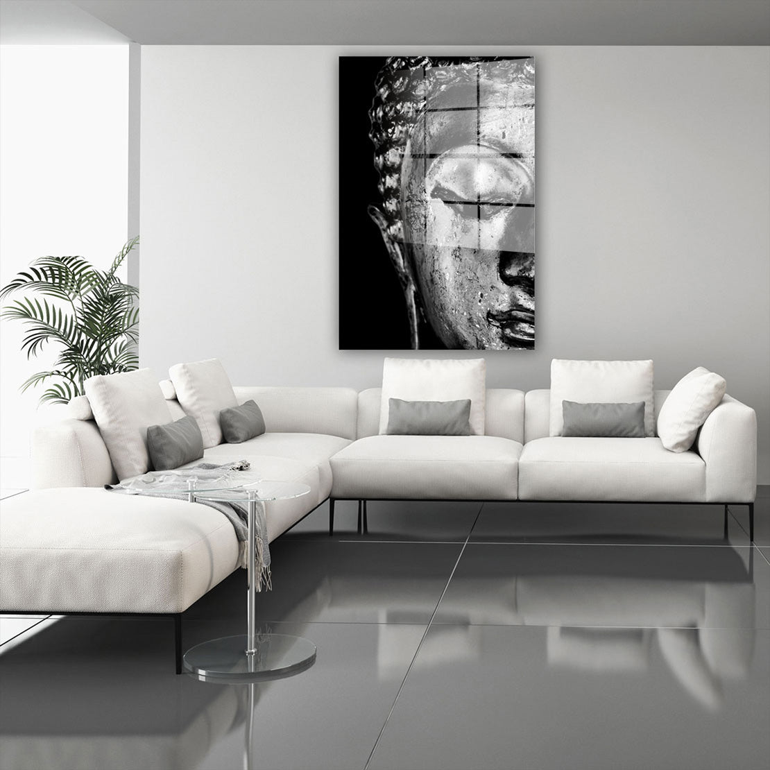 Kunst Buddha meditativ schwarz weiß Acrylglasbild Wandbild Bild Wanddeko XL