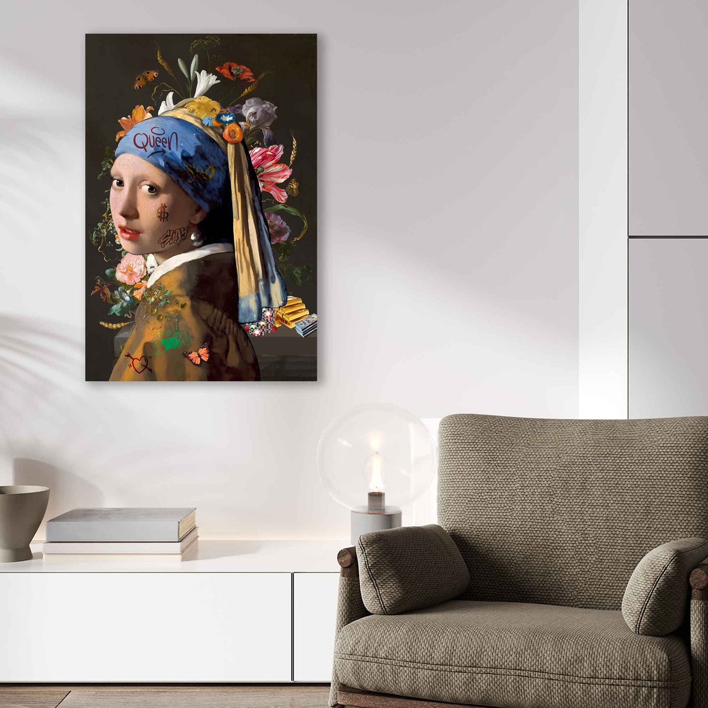 Mädchen mit Perlenohrring Flower Wandbild Leinwandbild Kunstdruck XL Wanddeko