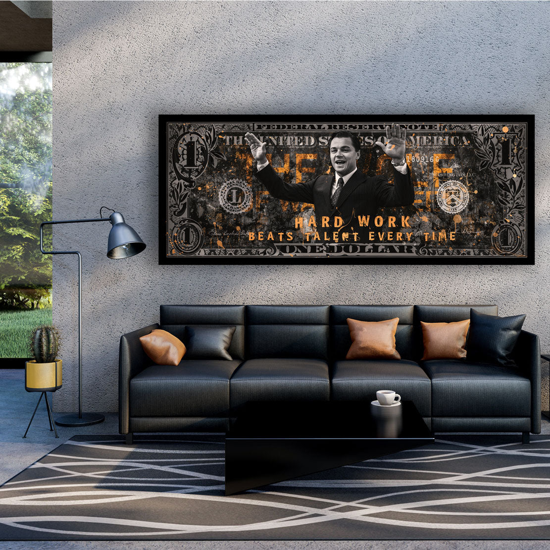 Motivation Dollar Zitat, Hard Work Leinwandbild Wandbild Kunstdruck XL Wanddeko