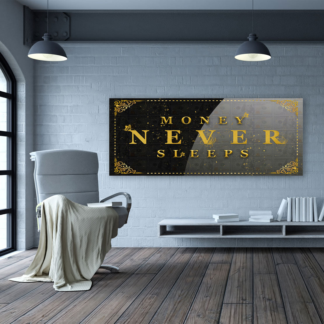 Geld & Erfolg Money Never Sleeps Kunstwerk Leinwandbild Wandbild XL Wanddeko