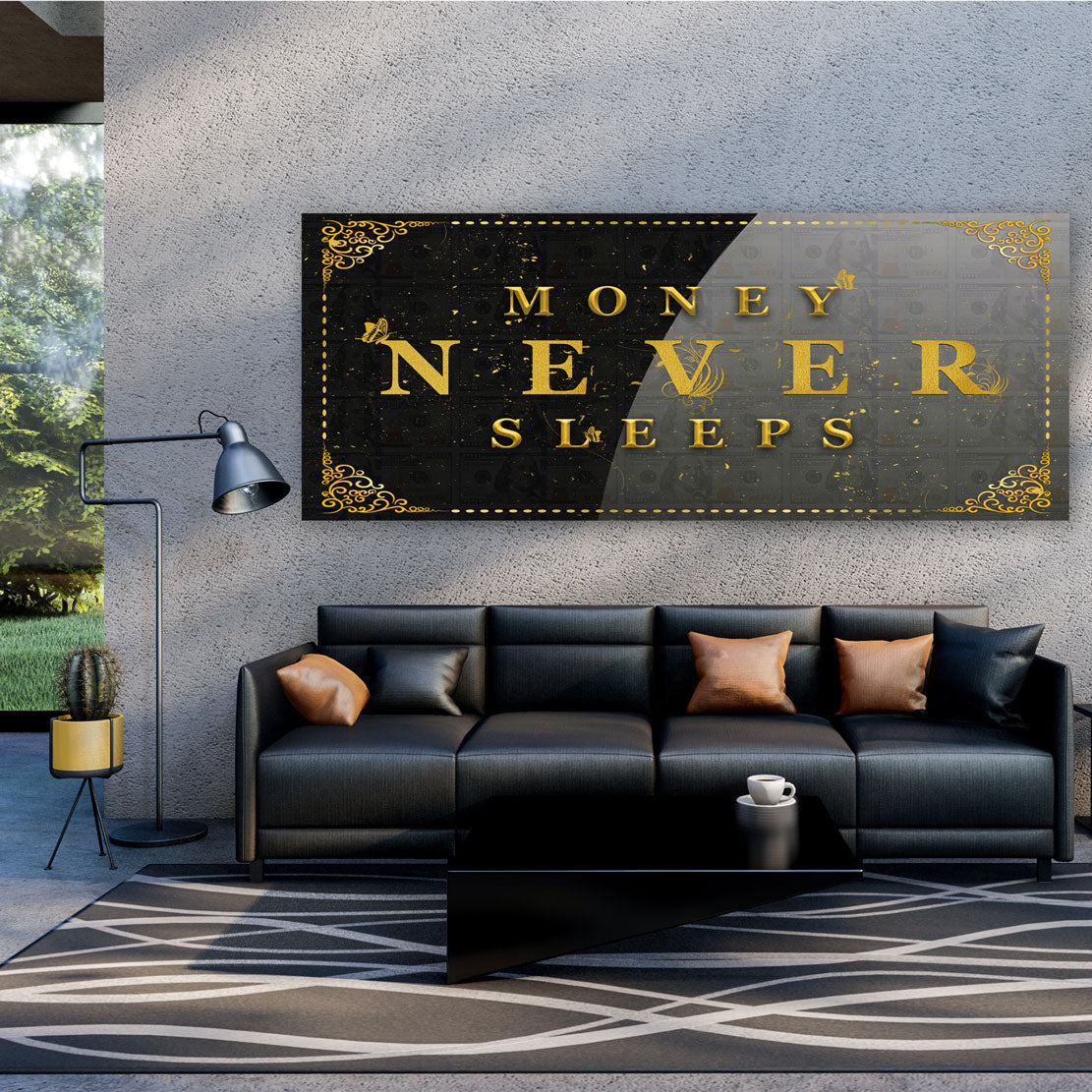 Geld & Erfolg Money Never Sleeps Kunstwerk Leinwandbild Wandbild XL Wanddeko