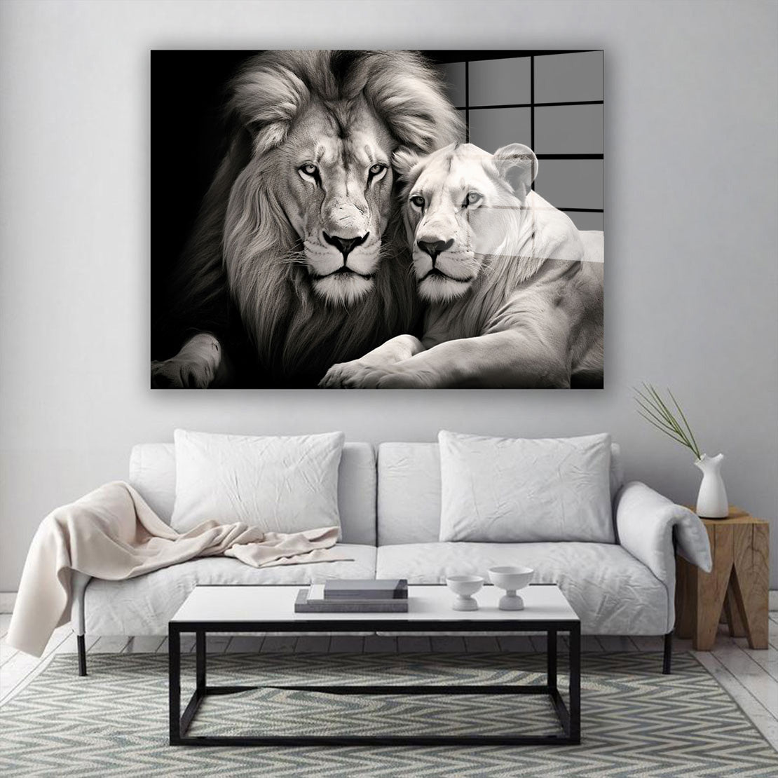 Löwe und Löwin schwarz weis Acrylglasbild Wandbild Bild Wanddeko Wohnzimmer XL