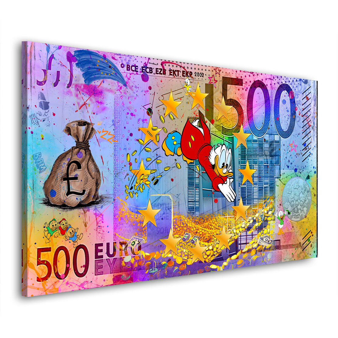 Wandbild Geldschein Duck Comic Euro Pop Art Kunst Leinwandbild XL Wanddeko