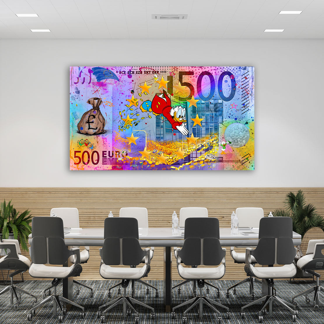 Wandbild Geldschein Duck Comic Euro Pop Art Kunst Leinwandbild XL Wanddeko