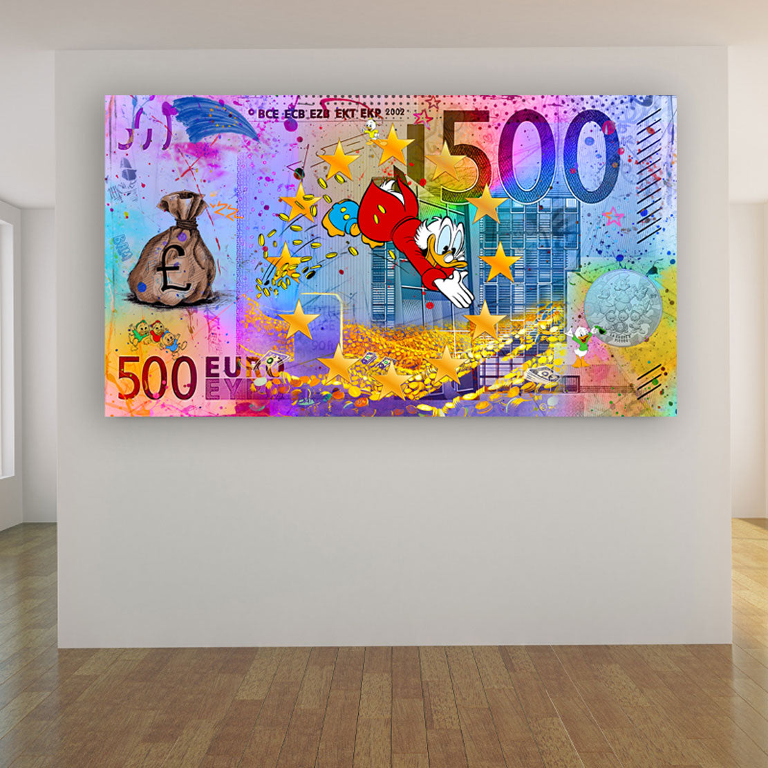 Wandbild Geldschein Duck Comic Euro Pop Art Kunst Leinwandbild XL Wanddeko