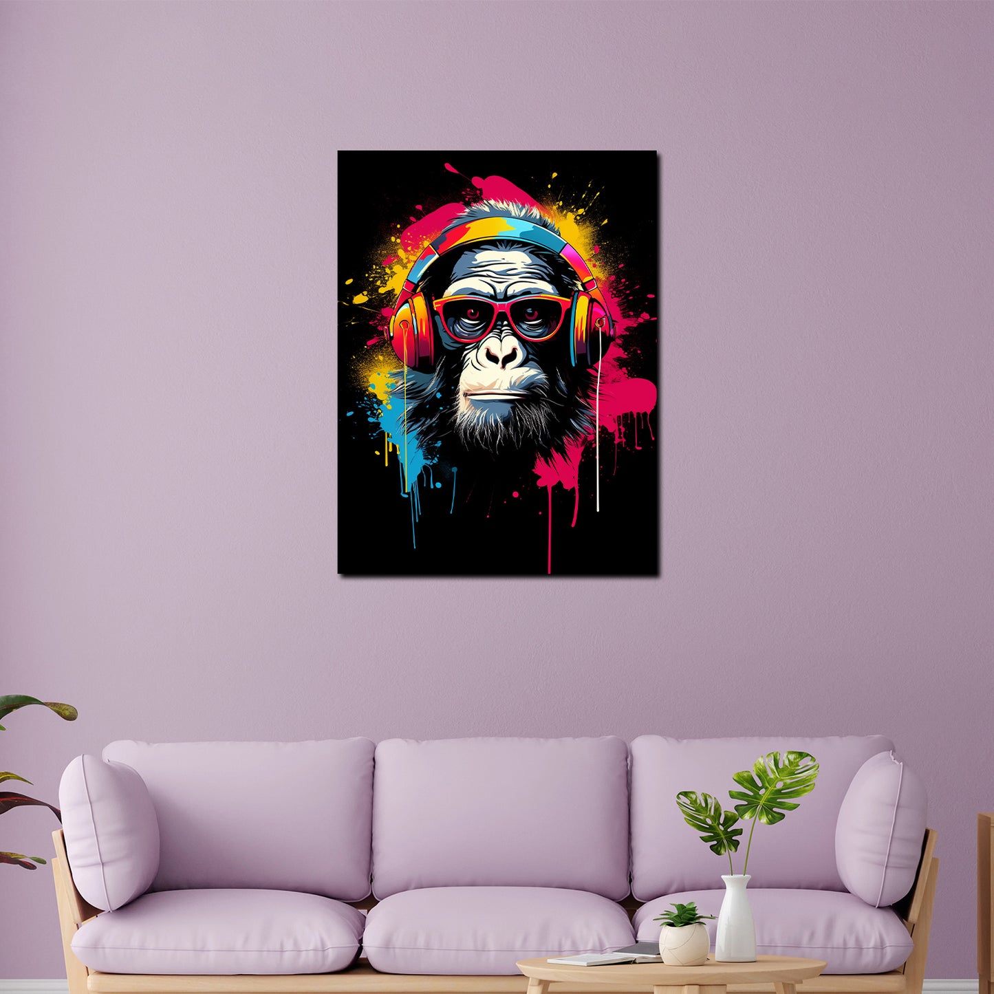 Pop Art Affe mit Kopfhörer und Brille Leinwandbild Wandbild Kunstdruck XL Deko