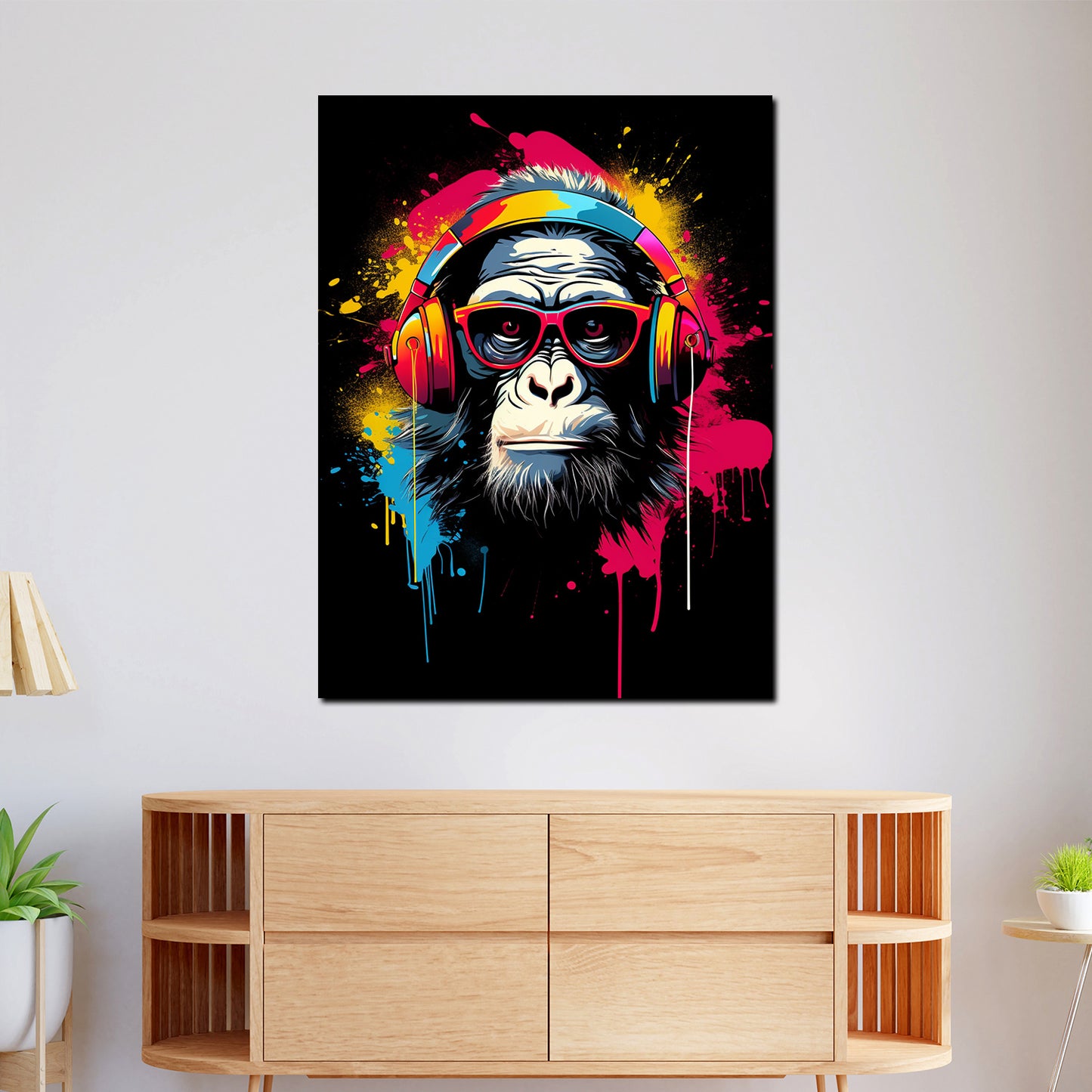 Pop Art Affe mit Kopfhörer und Brille Leinwandbild Wandbild Kunstdruck XL Deko