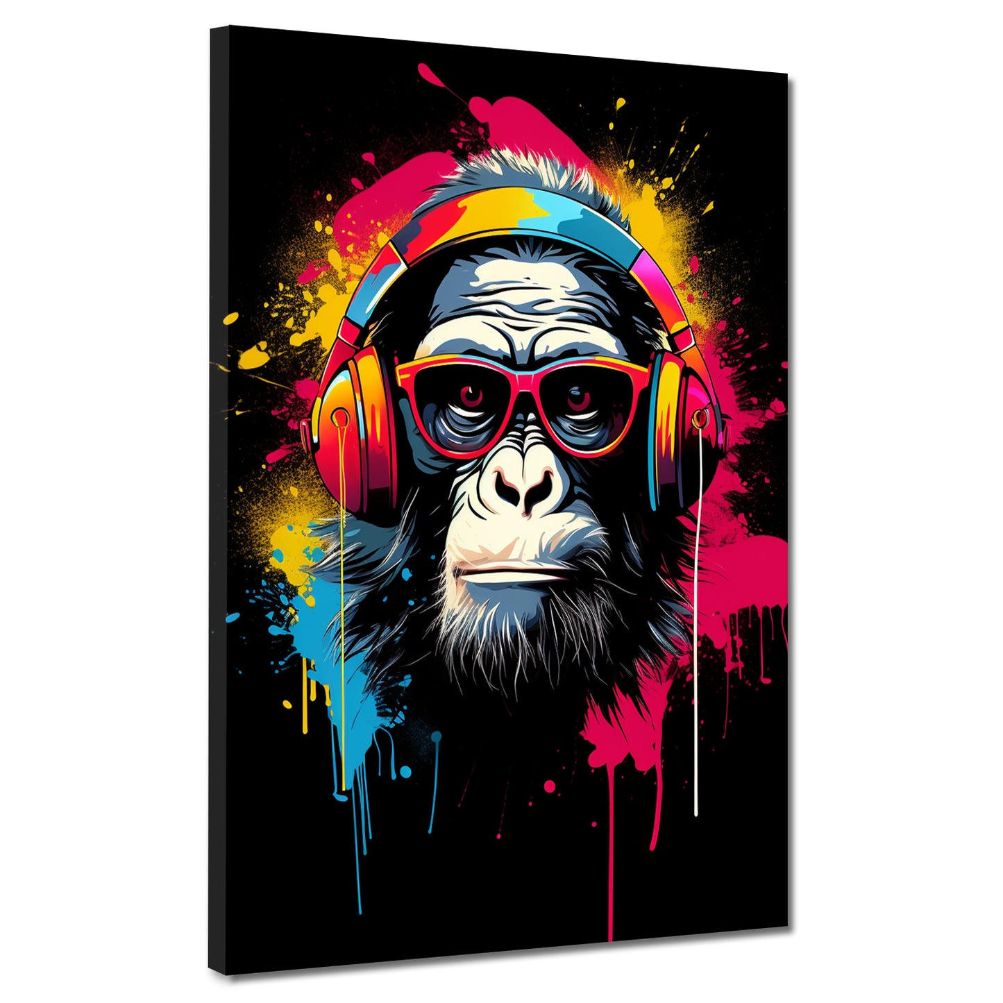 Pop Art Affe mit Kopfhörer und Brille Leinwandbild Wandbild Kunstdruck XL Deko