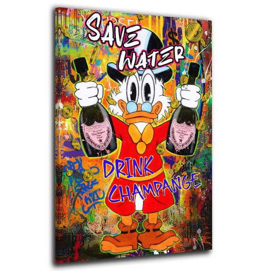 Pop Art Duck Save Water Champagner Wandbild Leinwandbild Kunstdruck XL Deko