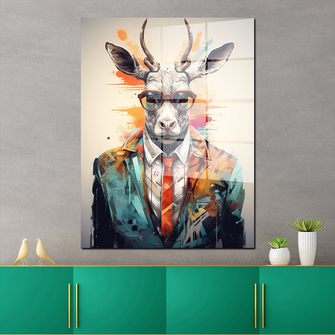 Pop Art Hirsch im Anzug und Brille Acrylglasbild Wandbild Bild Wanddeko Wohnzimmer XL