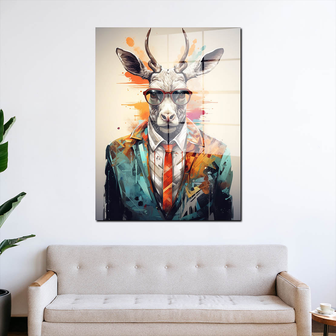 Pop Art Hirsch im Anzug und Brille Acrylglasbild Wandbild Bild Wanddeko Wohnzimmer XL